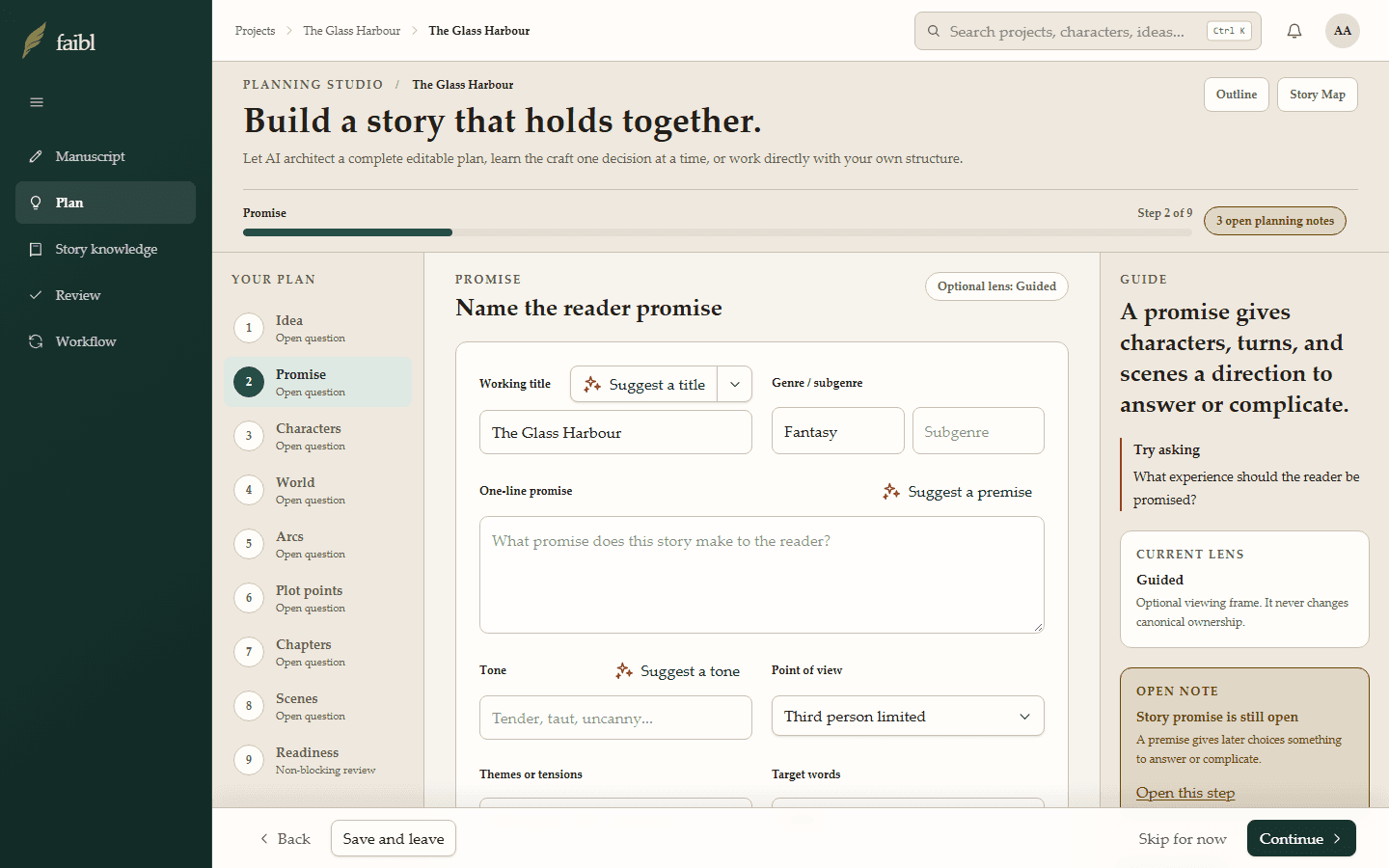 The actual faibl interface showing guided Planning Studio at the reader promise step.