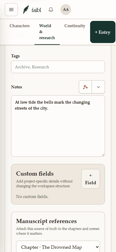 The actual faibl interface showing Story knowledge with a selected fictional world entry.