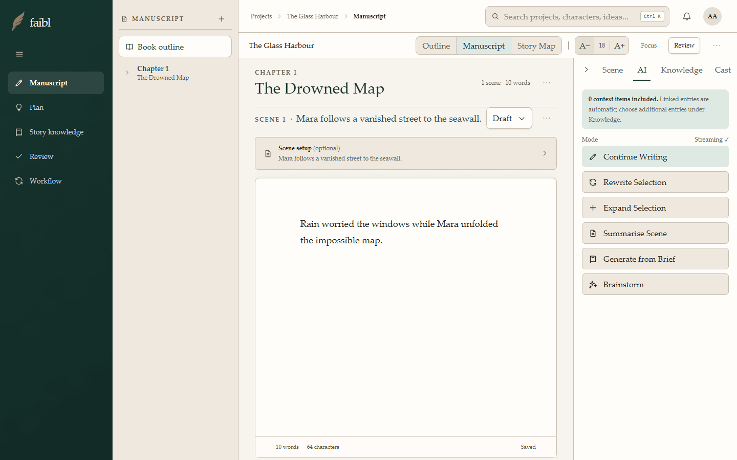 The actual faibl interface showing the continuous manuscript editor with a sample chapter and Writing tools.