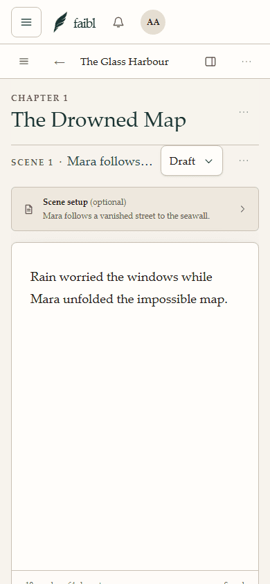 The actual faibl interface showing the continuous manuscript editor with a sample chapter and Writing tools.